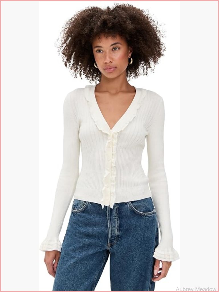 Lightweight Super-Stretch Ribbed Cardigan With Ruffle Trim